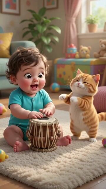 When the Cute Baby Plays Tabla and the Kitty Dances! 👶🥁🐱 #shorts #BabyAndCat #TablaBeats #CuteAnimation #CartoonComedy